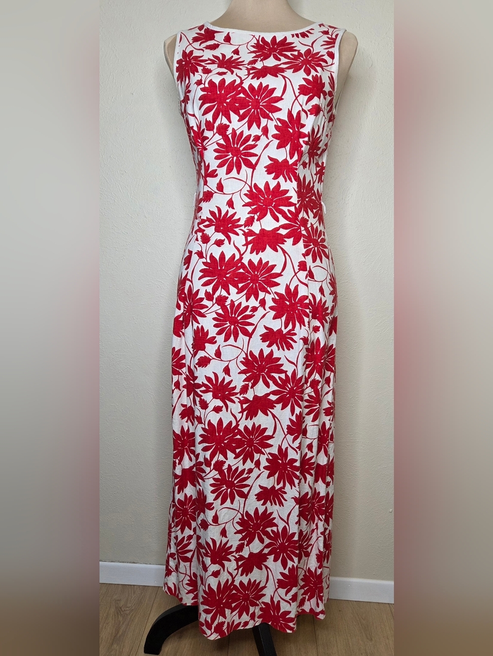 Vintage 90s Linen Blend Red Floral Midi Dress USA Cottagecore Tropical Garden